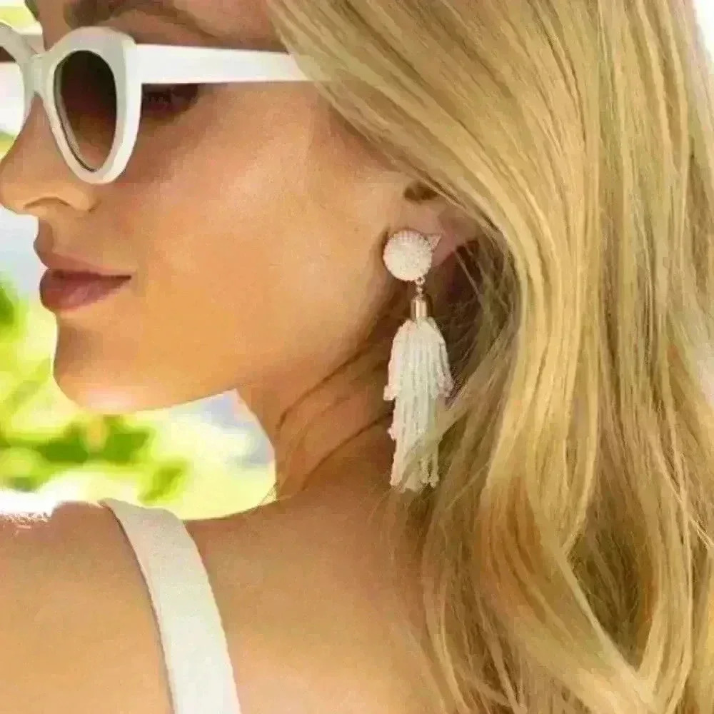 New Panacea Anthropologie Beaded White Tassel Earrings - Picture 4 of 6